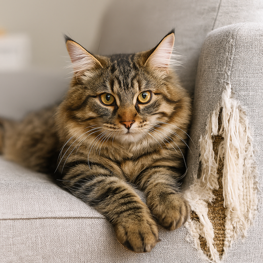 Gato atigrado descansando junto a un sofá arañado, ejemplo de comportamiento natural de rascado.