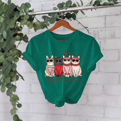 Camiseta "Happy Meowentines" con gatos vestidos con suéter - algodón, estilo Casual y tallas grandes