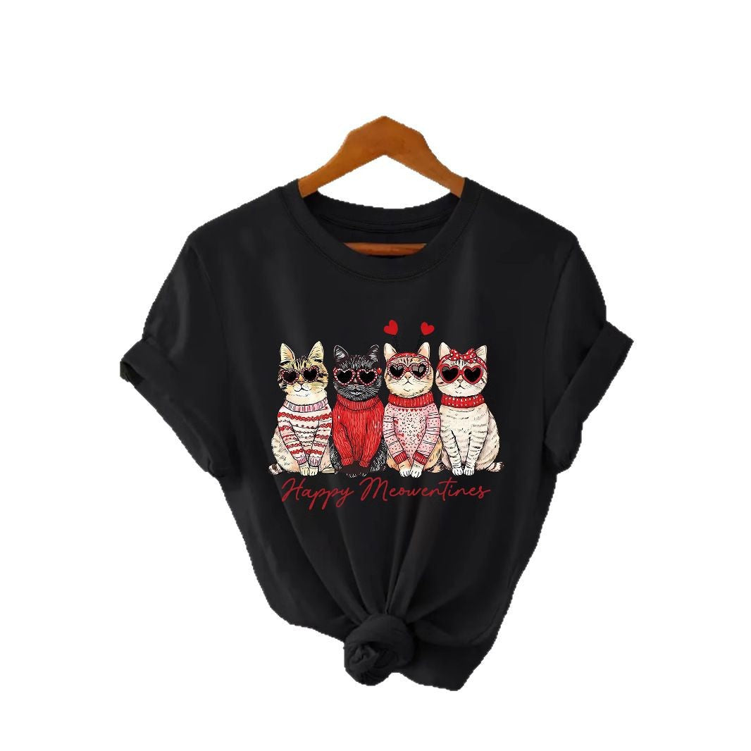 Camiseta "Happy Meowentines" con gatos vestidos con suéter - algodón, estilo Casual y tallas grandes