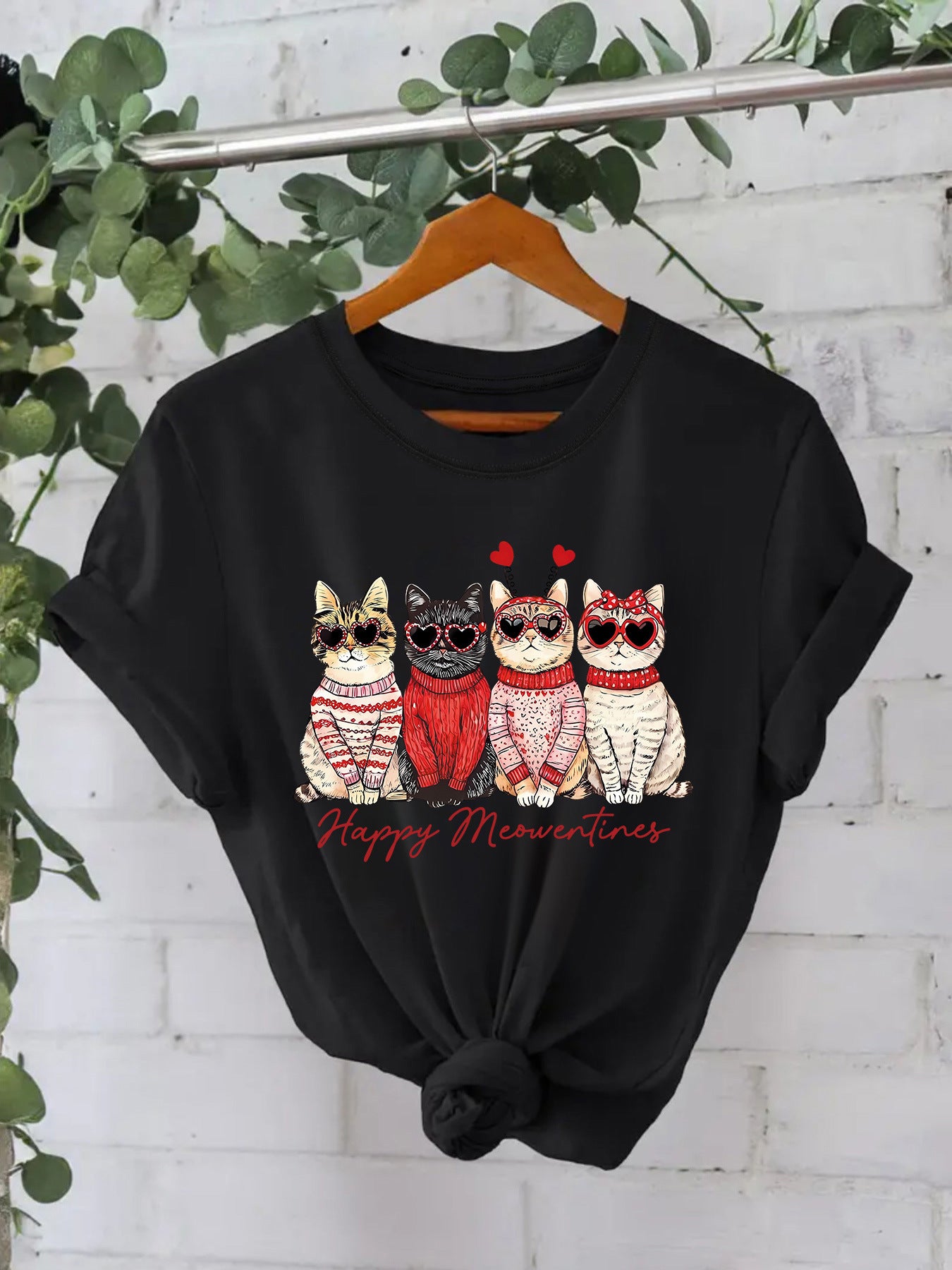 Camiseta "Happy Meowentines" con gatos vestidos con suéter - algodón, estilo Casual y tallas grandes