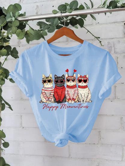 Camiseta "Happy Meowentines" con gatos vestidos con suéter - algodón, estilo Casual y tallas grandes