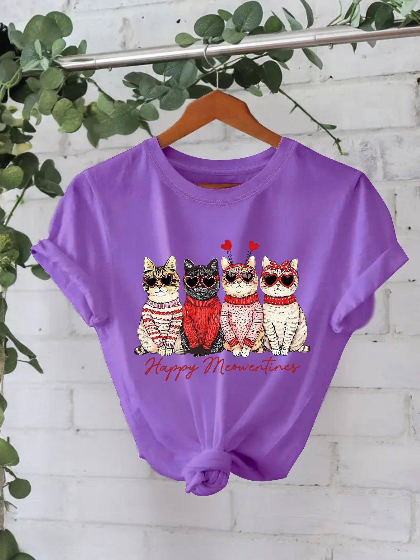 Camiseta "Happy Meowentines" con gatos vestidos con suéter - algodón, estilo Casual y tallas grandes