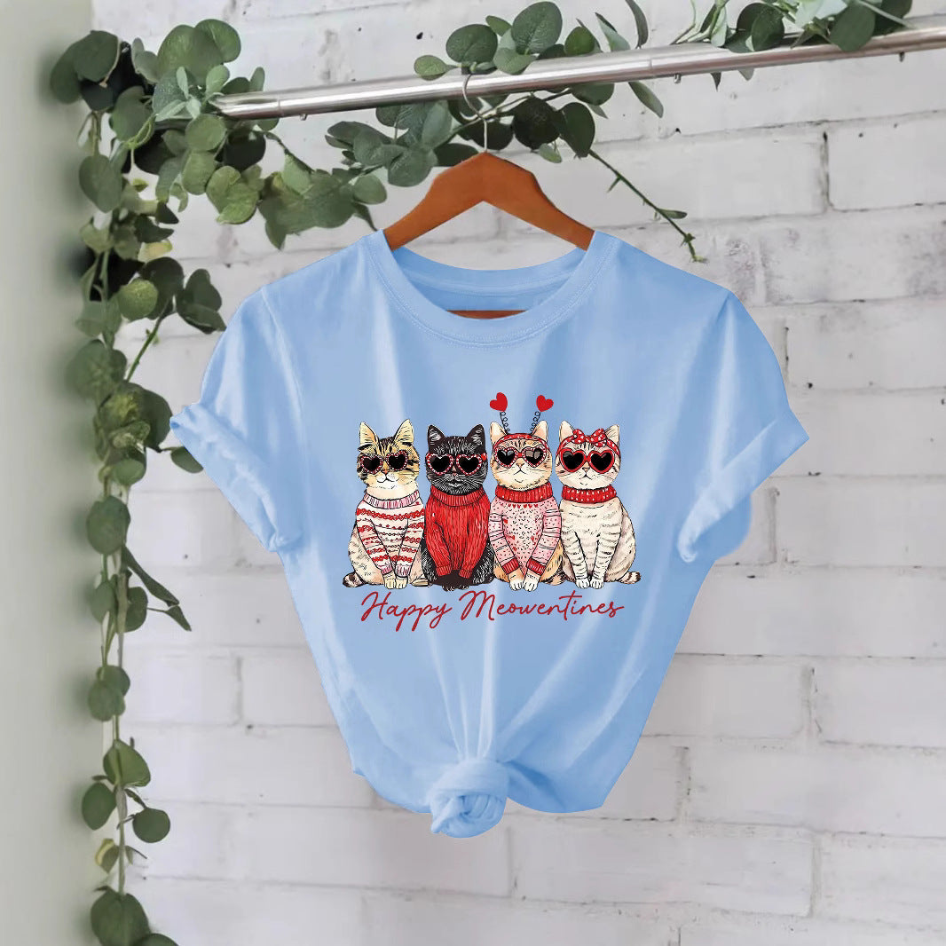 Camiseta "Happy Meowentines" con gatos vestidos con suéter - algodón, estilo Casual y tallas grandes
