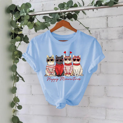 Camiseta "Happy Meowentines" con gatos vestidos con suéter - algodón, estilo Casual y tallas grandes