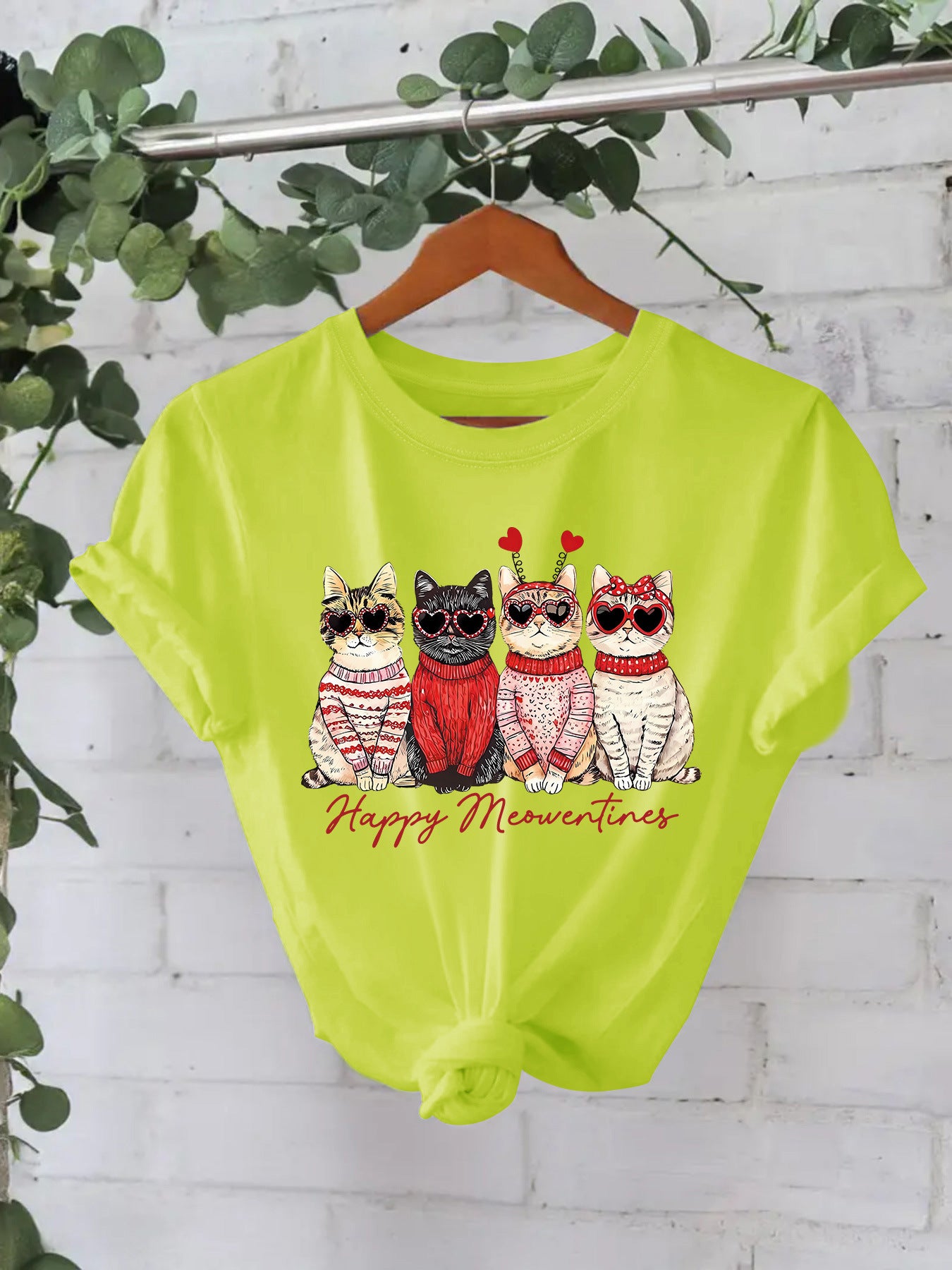 Camiseta "Happy Meowentines" con gatos vestidos con suéter - algodón, estilo Casual y tallas grandes