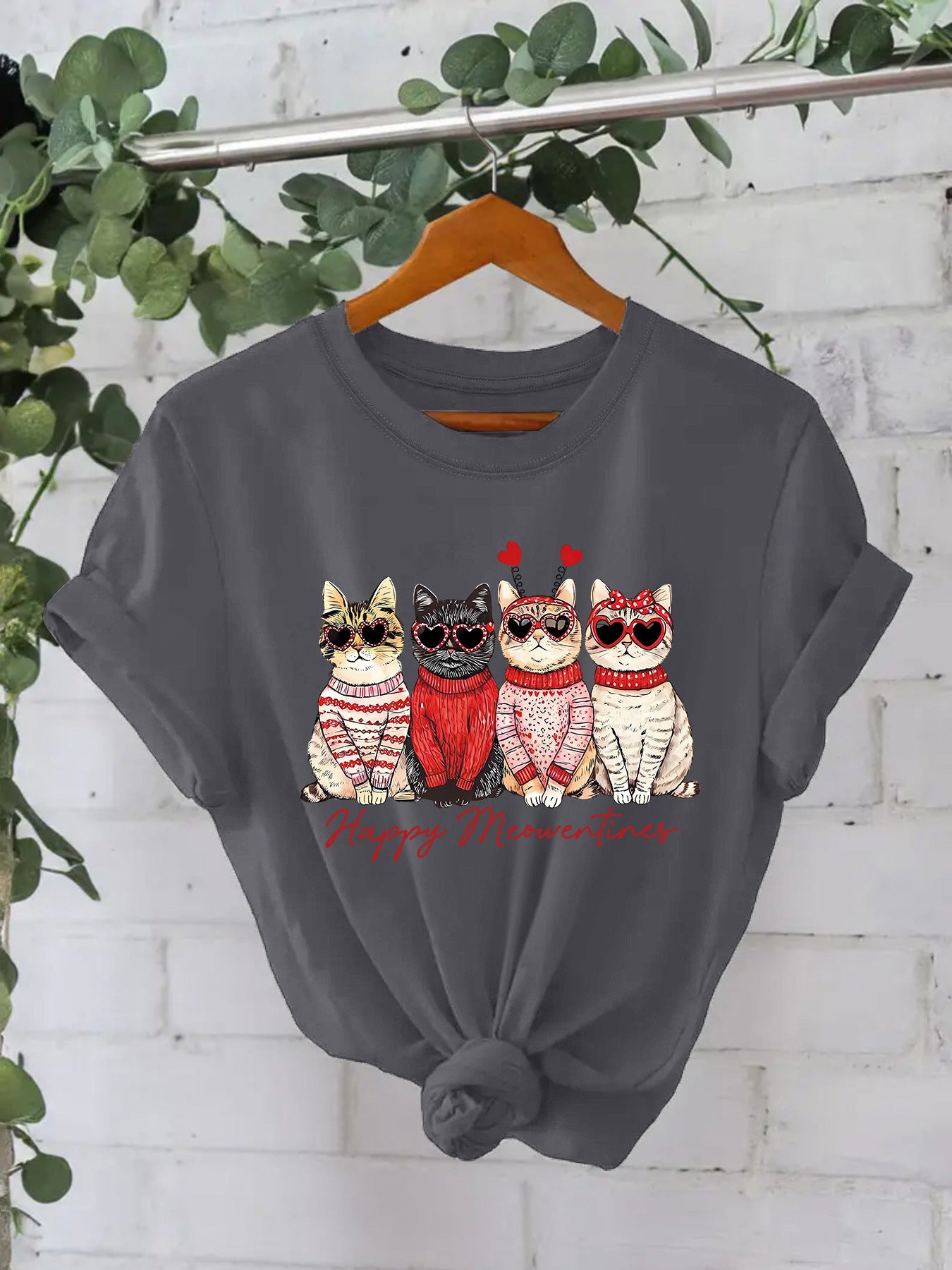 Camiseta "Happy Meowentines" con gatos vestidos con suéter - algodón, estilo Casual y tallas grandes