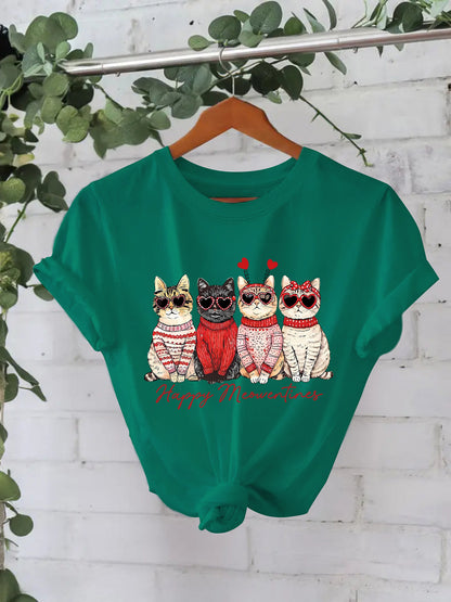 Camiseta "Happy Meowentines" con gatos vestidos con suéter - algodón, estilo Casual y tallas grandes