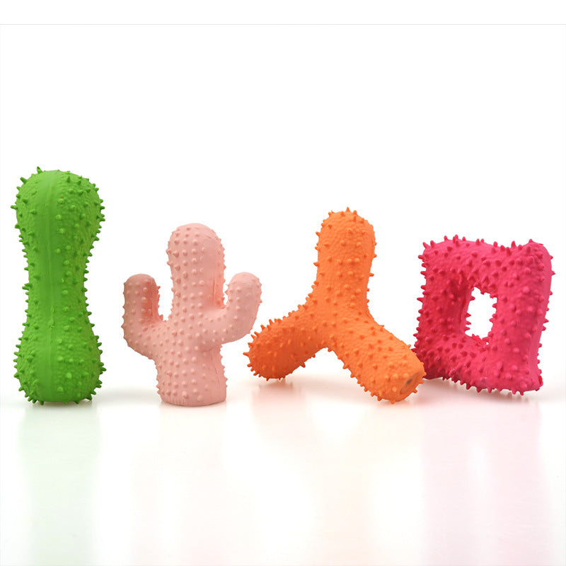 Juguete de látex para perros - Hueso con púas, cubo, cactus con chirridos para limpieza dental.