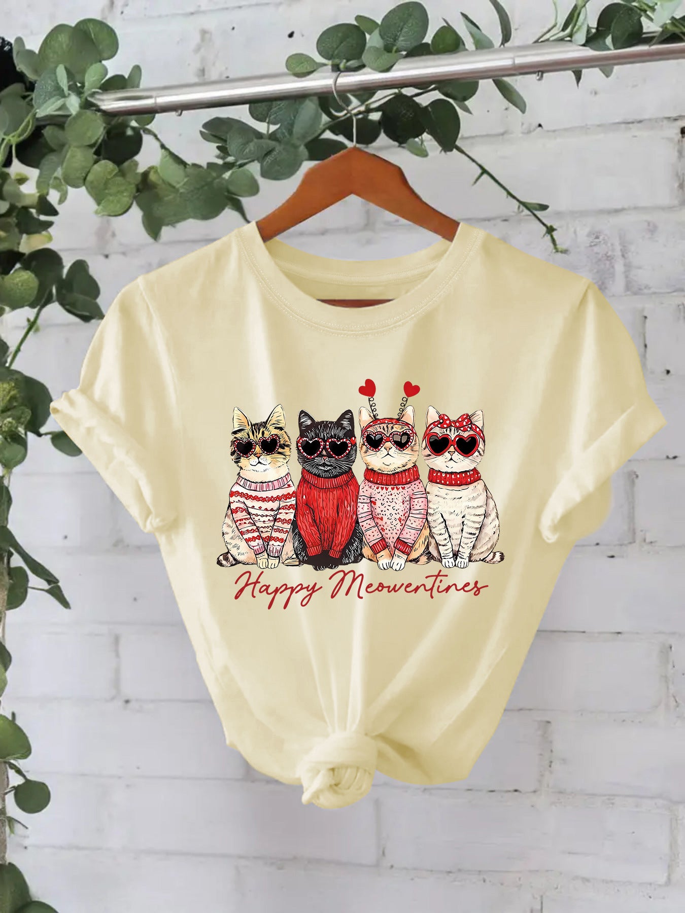 Camiseta "Happy Meowentines" con gatos vestidos con suéter - algodón, estilo Casual y tallas grandes