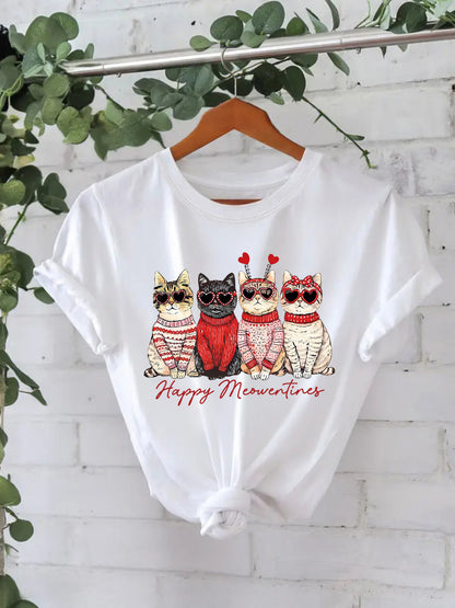 Camiseta "Happy Meowentines" con gatos vestidos con suéter - algodón, estilo Casual y tallas grandes
