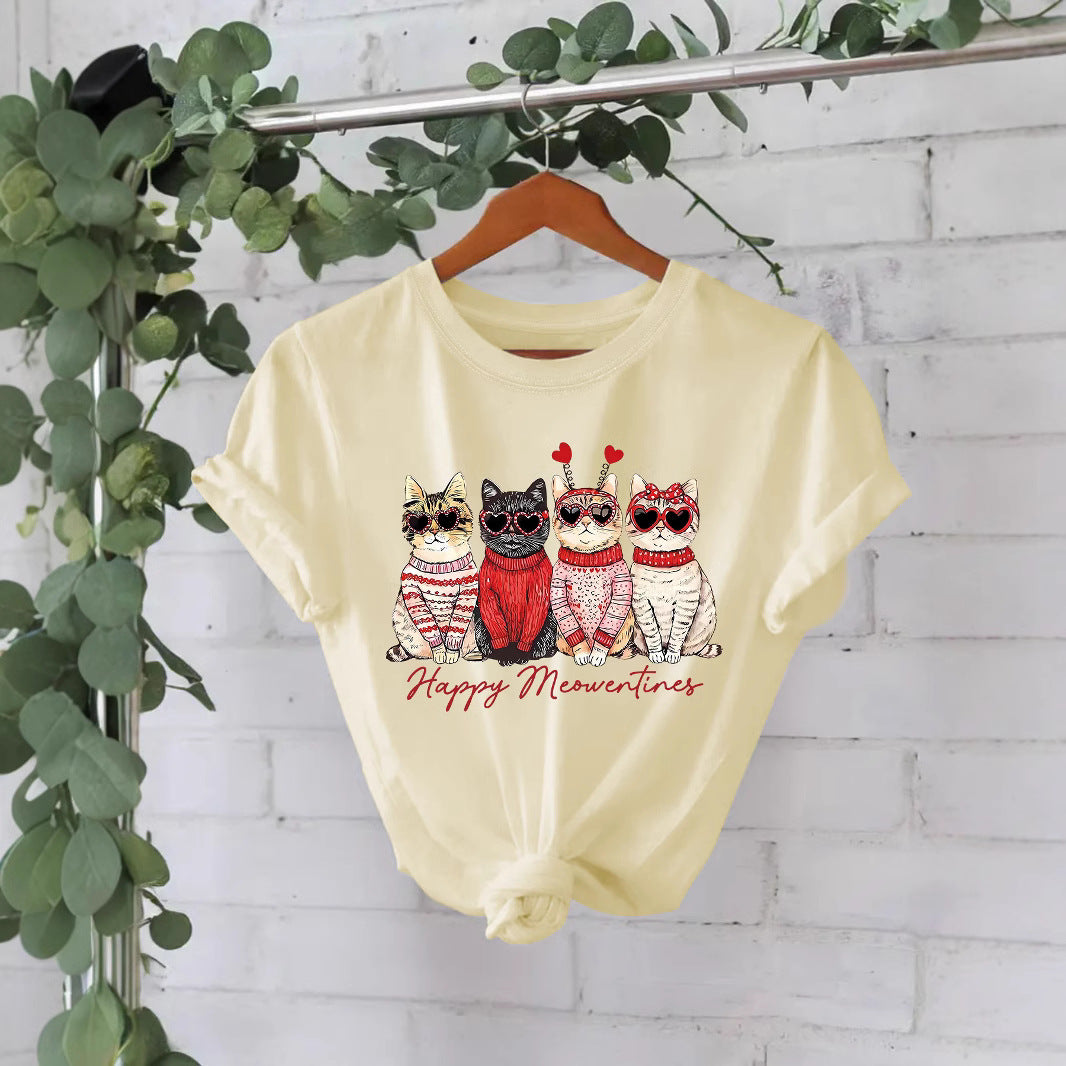 Camiseta "Happy Meowentines" con gatos vestidos con suéter - algodón, estilo Casual y tallas grandes