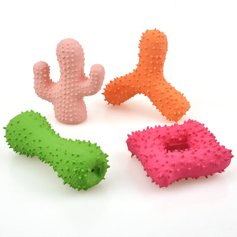 Juguete de látex para perros - Hueso con púas, cubo, cactus con chirridos para limpieza dental.