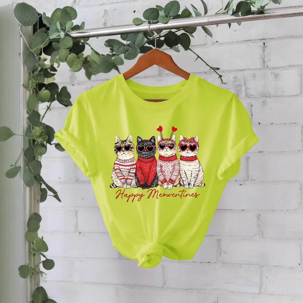 Camiseta "Happy Meowentines" con gatos vestidos con suéter - algodón, estilo Casual y tallas grandes