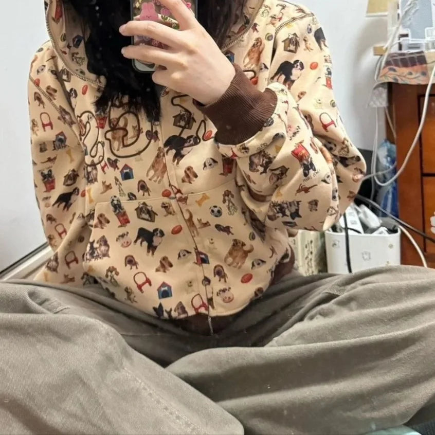 Sudadera con capucha estampado perritos estilo retro años 2000 - Cárdigan holgado con cremallera y puños a contraste