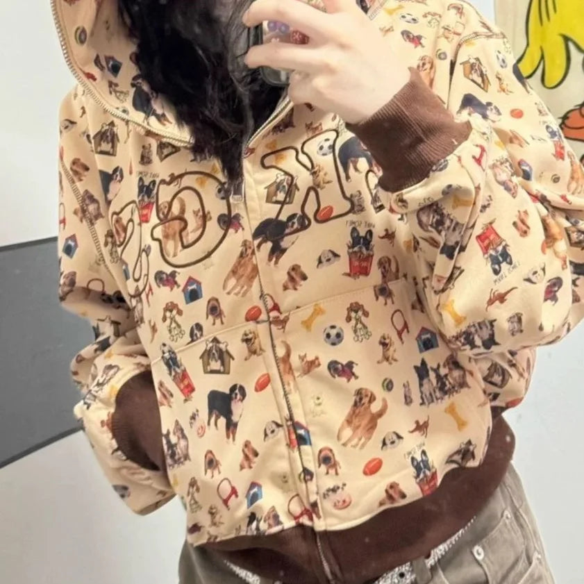 Sudadera con capucha estampado perritos estilo retro años 2000 - Cárdigan holgado con cremallera y puños a contraste