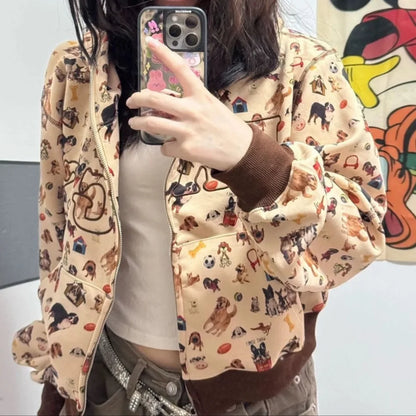Sudadera con capucha estampado perritos estilo retro años 2000 - Cárdigan holgado con cremallera y puños a contraste