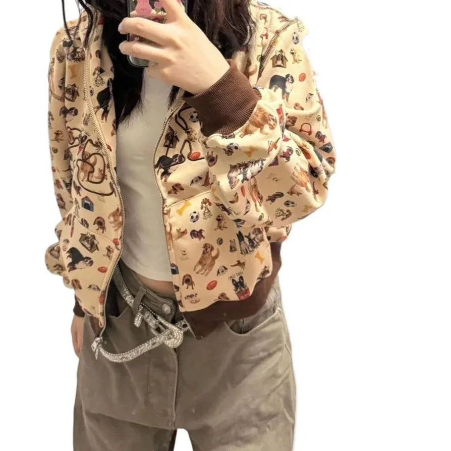 Sudadera con capucha estampado perritos estilo retro años 2000 - Cárdigan holgado con cremallera y puños a contraste