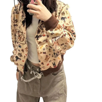 Sudadera con capucha estampado perritos estilo retro años 2000 - Cárdigan holgado con cremallera y puños a contraste