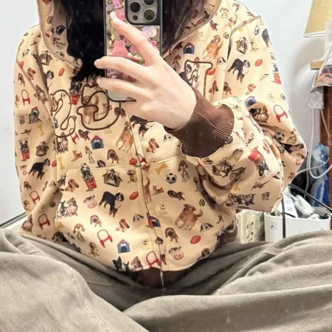 Sudadera con capucha estampado perritos estilo retro años 2000 - Cárdigan holgado con cremallera y puños a contraste