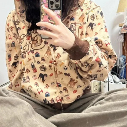Sudadera con capucha estampado perritos estilo retro años 2000 - Cárdigan holgado con cremallera y puños a contraste