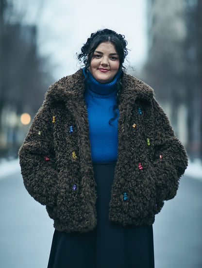 chica veintitantos con abrigo franela marrón oversize con ositos tipo gominola cosidos. Jersey cuello alto y falda larga