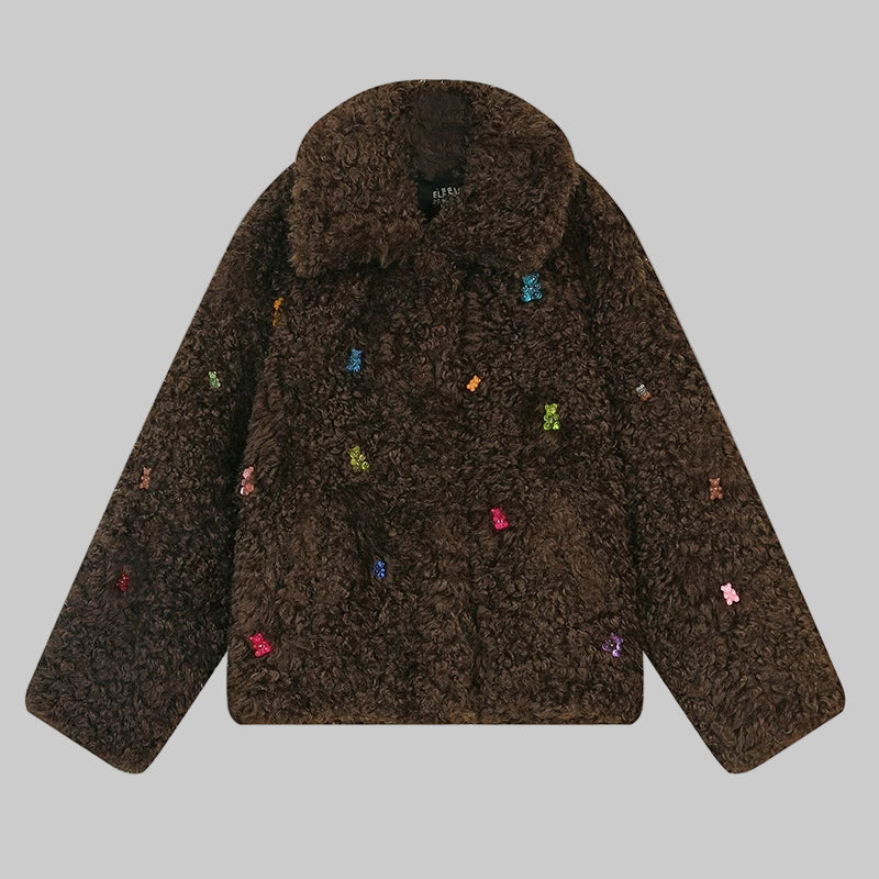 abrigo marrón felpa con ositos tipo gominola cosidos