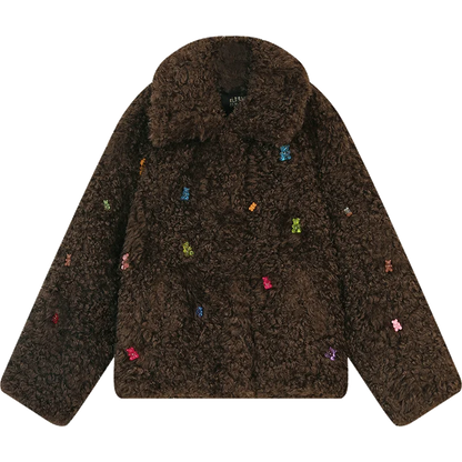 imagen de abrigo franela marrón calentito oversize con ositos tipo gominola cosidos